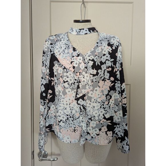 Floral Print Ruffle Front Chiffon Blouse With Mock Neck-lp - Picture 2 of 15